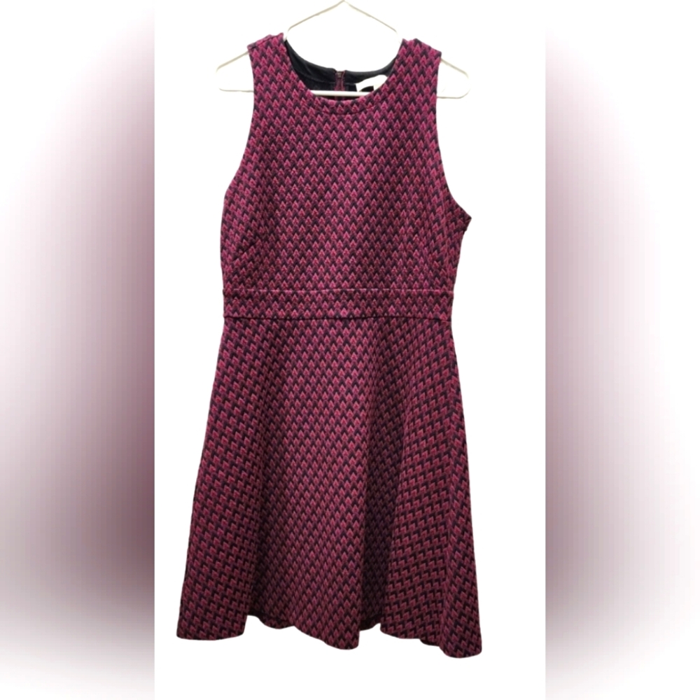 Loft fit and flare dress maroon and black pattern, size 12